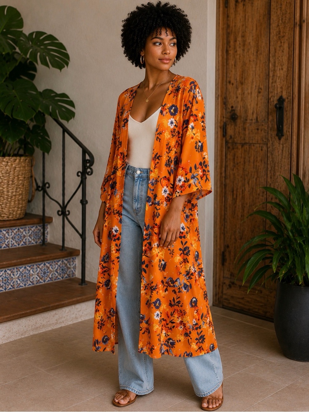Jessica Simpson Orange Floral Long Kimono Cover-Up